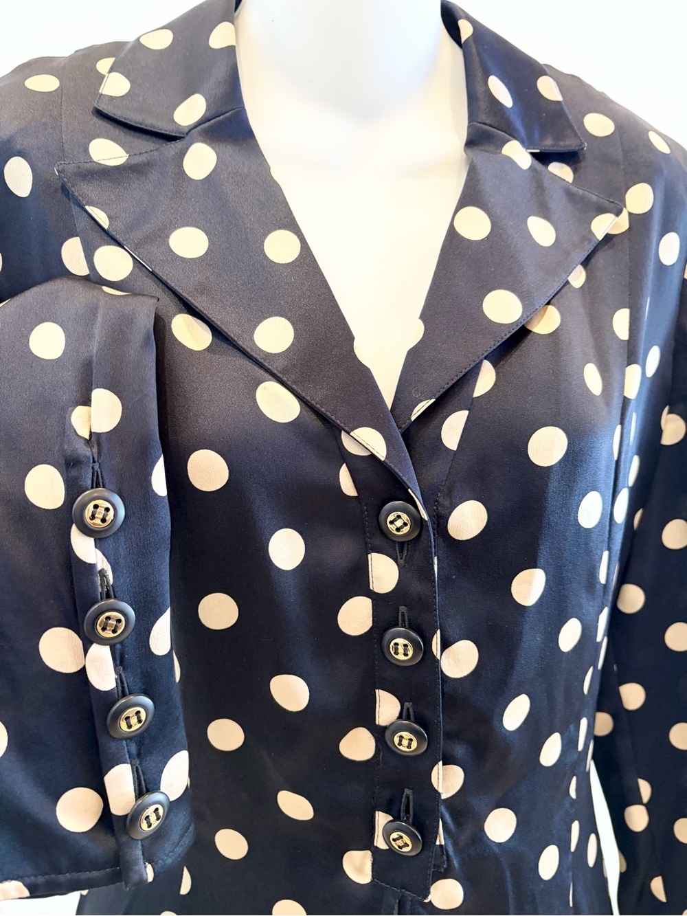 VTG Valentino Black Ivory Dot Silk Charmeuse Blouse US 4 1990's SuperModel Style - Picture 2 of 9